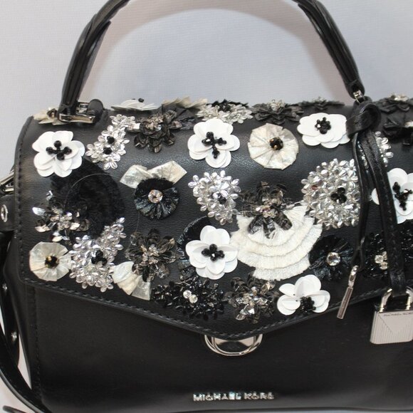 Michael Kors Black Sequined Floral Applique Bristol Small Top Handle Satchel - Picture 4 of 14